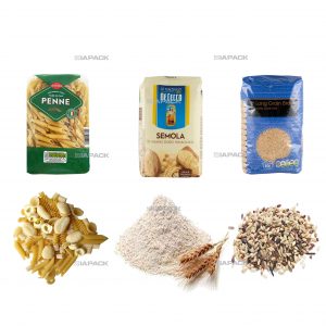 Empaque automático de etiquetado, llenado y formación de bolsas de fondo plano para granos